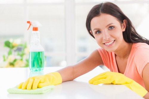 Professional commercial cleaning team in an office lobby
