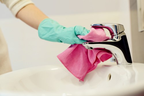 Domestic cleaning supplies and tidy home surfaces