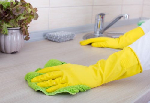 Professional cleaner sanitising shared building entrance